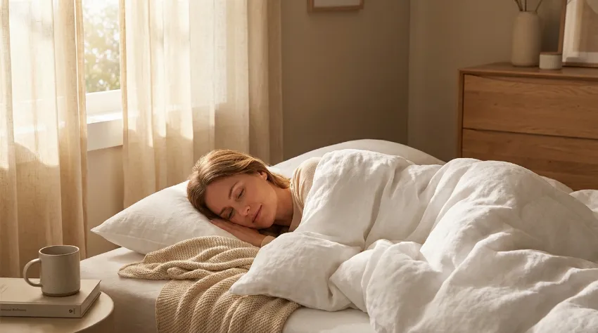 Ženska mirno spi v postelji, kar ponazarja pomen spanja za regeneracijo