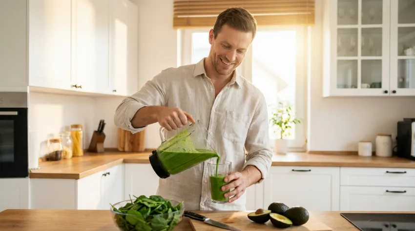 Moški pripravlja zdrav zeleni smuti v mešalniku po športni aktivnosti
