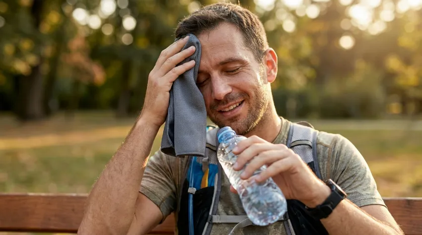 Utrujen tekač pije vodo in počiva po intenzivni vadbi v naravi
