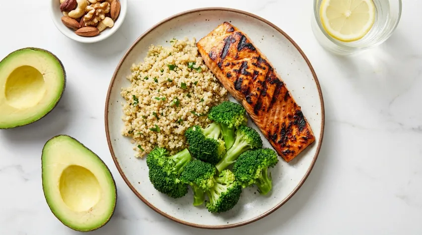 Krožnik z lososom, kvinojo in brokolijem kot primer uravnoteženega obroka po vadbi