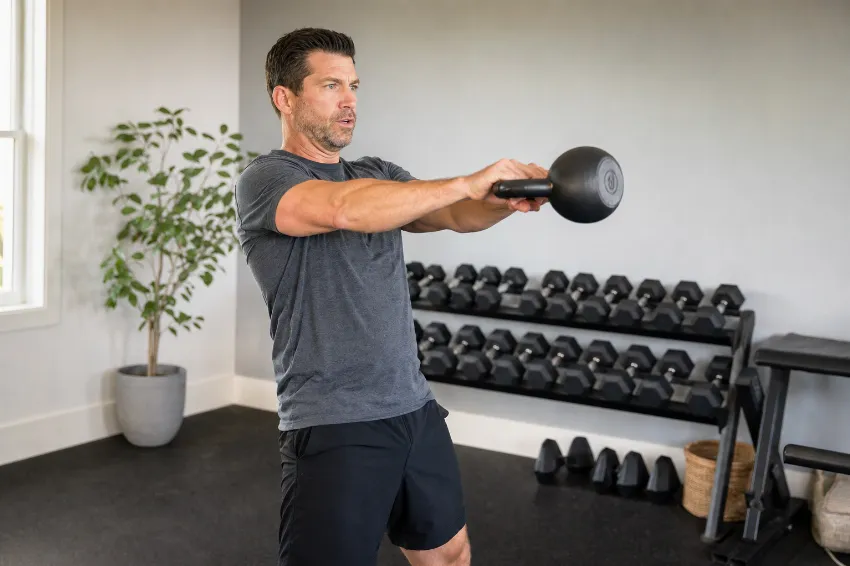 Moški v domači telovadnici izvaja vajo s kettlebell utežjo.
