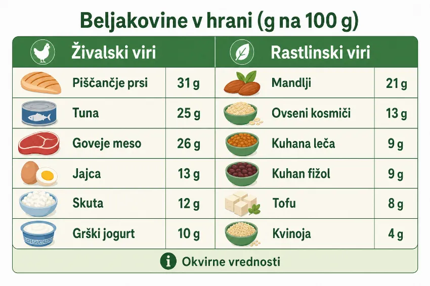 Infografika: tabela beljakovin v hrani na 100 g