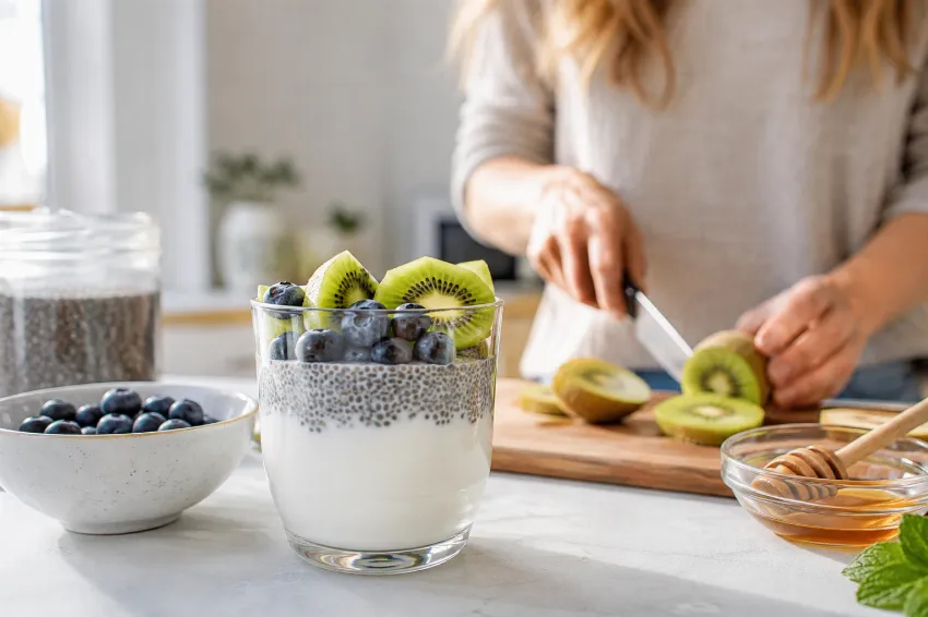Jogurt s chia semeni, borovnicami in kivijem