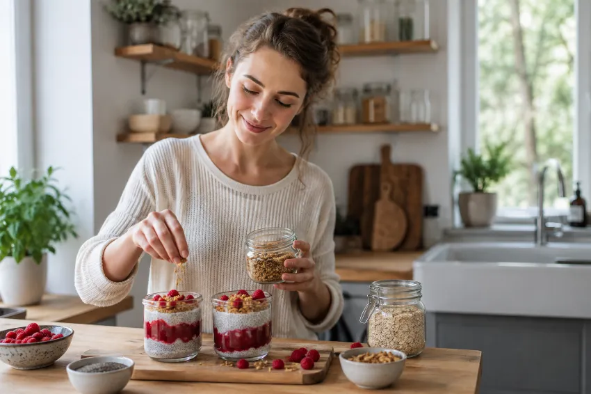 Chia puding z malinami v kozarcu