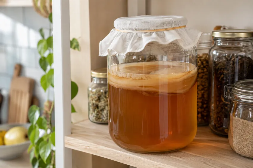 Domača kombucha v stekleni posodi s kulturo SCOBY