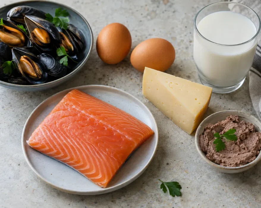 Živila, bogata z vitaminom B12: ribe, školjke, jajca in mlečni izdelki