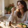 Vitamin D v kapljicah ob jesenskem soncu in živilih, ki ga vsebujejo