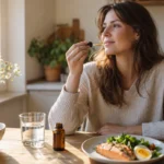Vitamin D v kapljicah ob jesenskem soncu in živilih, ki ga vsebujejo