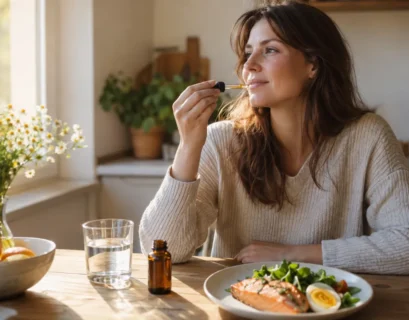 Vitamin D v kapljicah ob jesenskem soncu in živilih, ki ga vsebujejo