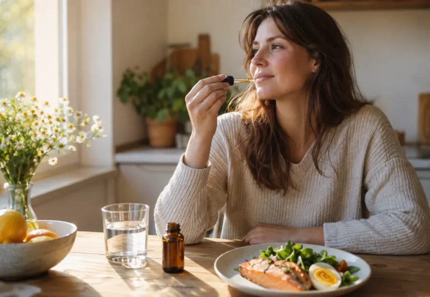 Vitamin D v kapljicah ob jesenskem soncu in živilih, ki ga vsebujejo